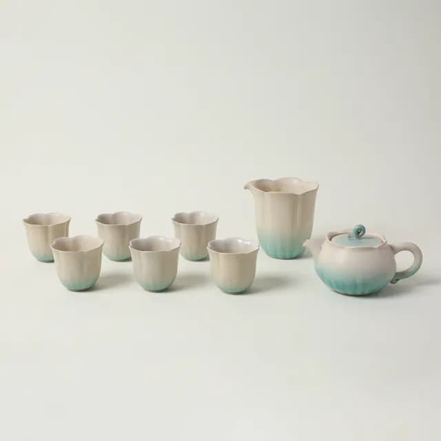 【LohasPottery 陸寶】清荷雅境茶組-碧荷白(窯變釉 一壺一海六杯 茶具組 陶瓷茶器)
