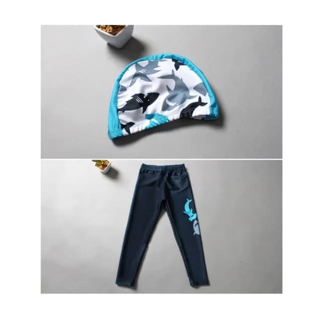 【橘魔法】鯊魚滿印插肩防曬長袖泳裝+長褲(二件式 附泳帽 防曬 泳衣 水母衣 水母褲 男童 兒童 童裝)