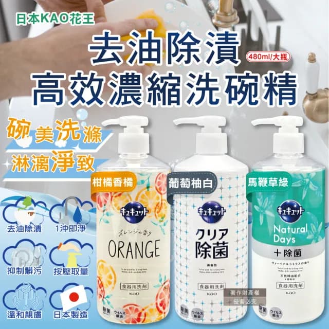 【日本KAO花王】珂珂透CUCUTE按壓式去油除漬高效濃縮洗碗精480ml/大瓶(廚房餐具海綿洗碗清潔劑食器去污漬)