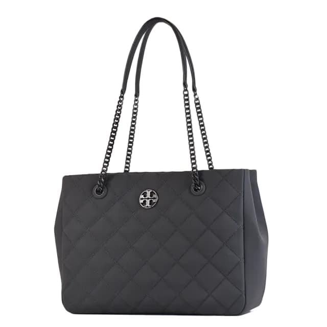 【TORY BURCH】WILLA 衍縫菱格雙層置物鍊帶托特包-霧面黑