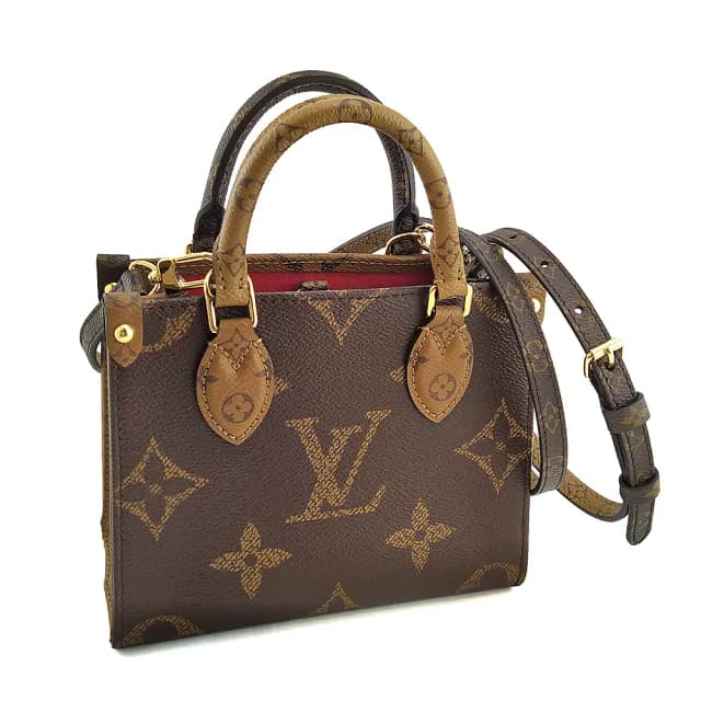 【Louis Vuitton 路易威登】雙面雙色大小字紋OnTheGo 手提斜背兩用小托特包(展示品)