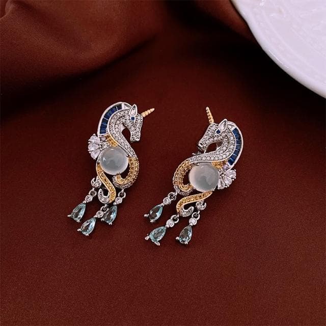 【LEESA】獨角獸\防過敏耳環\純銀耳環\925銀針\垂墜耳環\飾品\女生耳環\耳飾\水滴耳環\鋯石\鋯石耳環\銀針