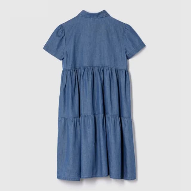 【GAP】女童裝 純棉小熊刺繡翻領短袖牛仔洋裝-水洗藍(781771)