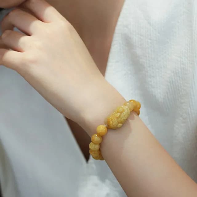 【LEEHER】男生/手鍊/飾品/手串/禮物/金絲玉/小貔貅/貔貅手鍊/黃玉貔貅/玉石/招財/玉手鍊/本命