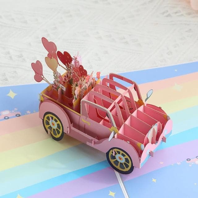 【Paper Play】萬用卡片-3D立體鮮花禮物粉色老爺車造型卡片 感恩卡 情人節卡片 告白卡(萬用卡片)