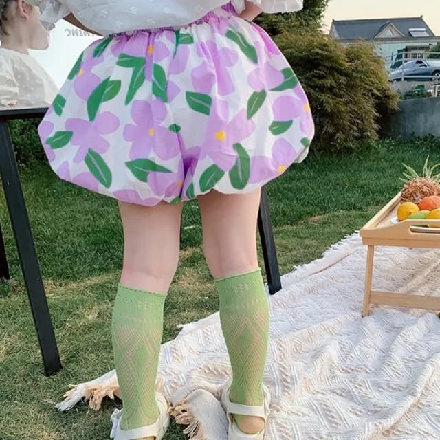 【橘魔法】甜美碎花珠光篷篷花苞褲(短褲 褲子 女童 兒童 童裝)