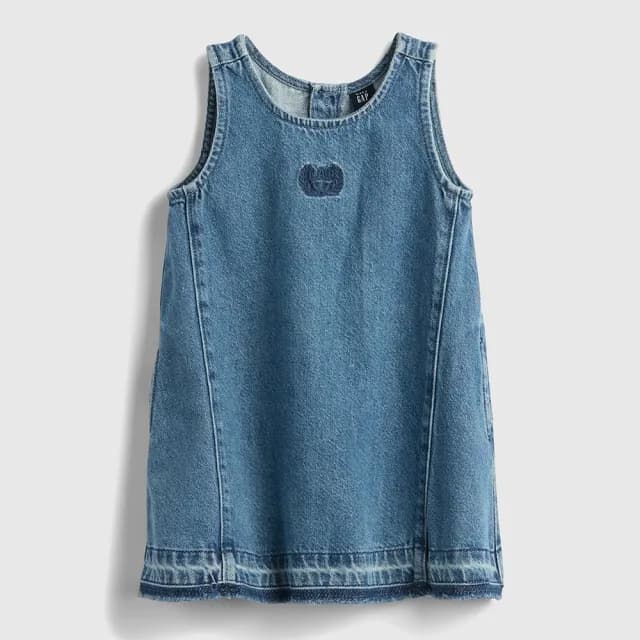 【GAP】女幼童裝 Logo刺繡圓領無袖牛仔洋裝-中度水洗(778359)