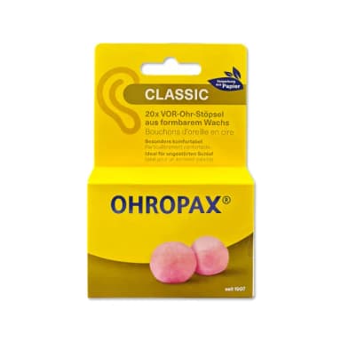 【德國OHROPAX安耳悠】Classic柔軟蠟質溫度塑型貼耳式隔音耳塞10對/黃盒(降噪規格CE歐盟認證靜音保護聽力)