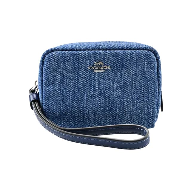 【COACH】立體銀字金屬馬車LOGO手掛零錢包(丹寧布)