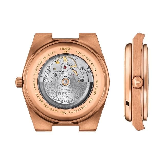 【TISSOT 天梭】PRX系列 復古風酒桶型紳士機械錶-40mm/藍X玫瑰金(T1374073304100)