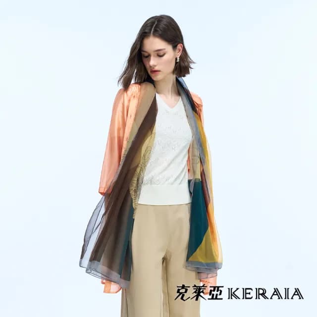 【KERAIA 克萊亞】流彩拼接色塊花卉雪紗披肩(兩色)