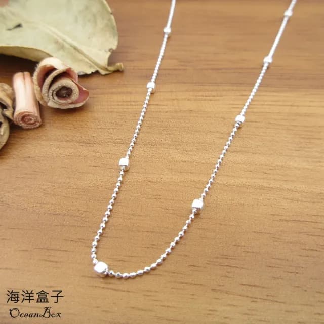 【海洋盒子】38+5.5cm。閃亮間隔幾何小方塊925純銀項鍊.單鍊(女用單戴鍊)