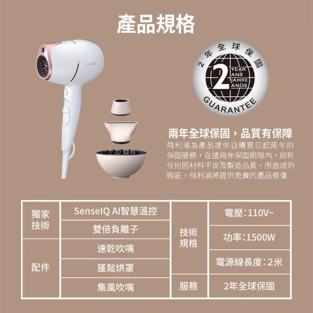 【Philips 飛利浦】Adele AI頂級智能溫控輕量護髮吹風機(BHD628)