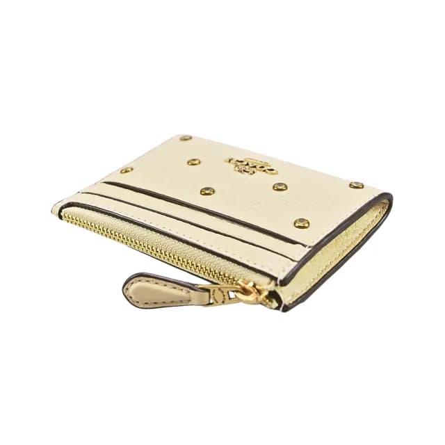 【COACH】月光水晶荔枝紋皮革前卡夾鑰匙零錢包(米黃色)