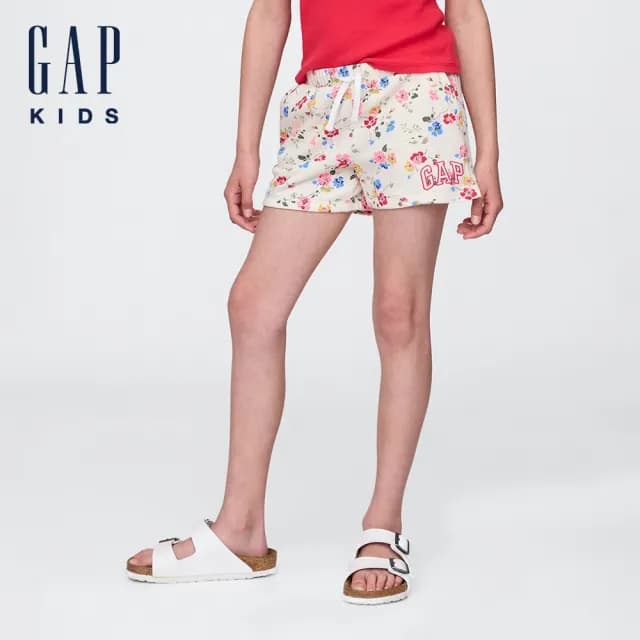 【GAP】女童裝 Logo刺繡抽繩鬆緊短褲-白底印花(781860)
