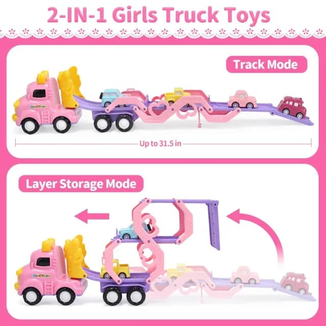 【CuteStone】仿真聲光粉紅公主三層運輸卡車套裝玩具(女孩玩具 玩具車 生日玩具 兒童益智玩具)