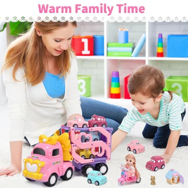 【CuteStone】仿真聲光粉紅公主三層運輸卡車套裝玩具(女孩玩具 玩具車 生日玩具 兒童益智玩具)