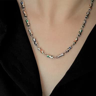 【LEEHER】s925純銀/鎖骨鍊/女生項鍊/拼接項鍊/男生項鍊/復古項鍊/禮物/項鍊/多色鋯石項鍊/銀飾