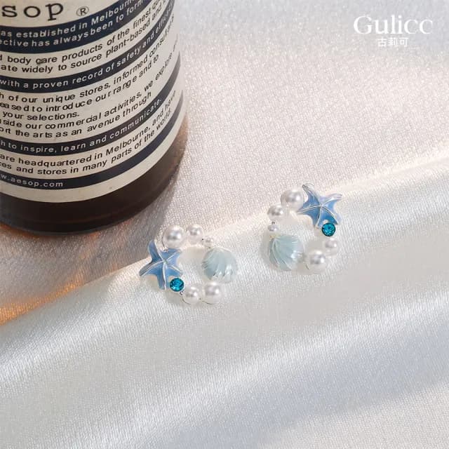 【Golicc】耳環 夏日清新 海藍貝殼海星 耳釘(七夕 情人節 生日 飾品 耳釘 耳飾 耳墜 禮物)