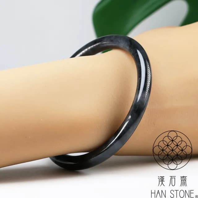 【漢石齋】情人節禮物 天然翡翠A貨 圓條手鐲玉鐲 冰糯種山水墨翠(手圍18.4/版寬6.7mm)