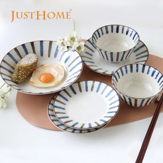 【Just Home】日本製藍色線條陶瓷碗盤6件組(碗 深盤 湯盤 平盤 餐具)