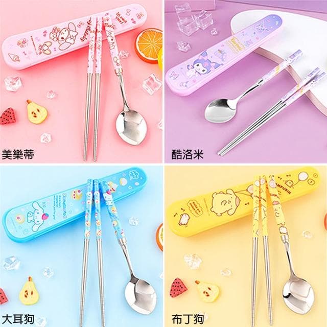 【TDL】三麗鷗大耳狗布丁狗美樂蒂酷洛米筷子湯匙環保餐具組附收納盒 K-0051(生日禮物 聖誕節 平輸品)