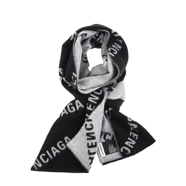 【Balenciaga 巴黎世家】經典滿版品牌小字母LOGO羊絨圍巾(黑色/灰色)