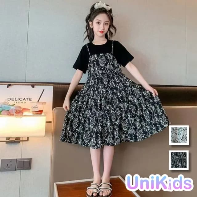 【UniKids】中大童裝假兩漸短袖洋裝 碎花連身裙 女大童裝 CV553(黑 白)
