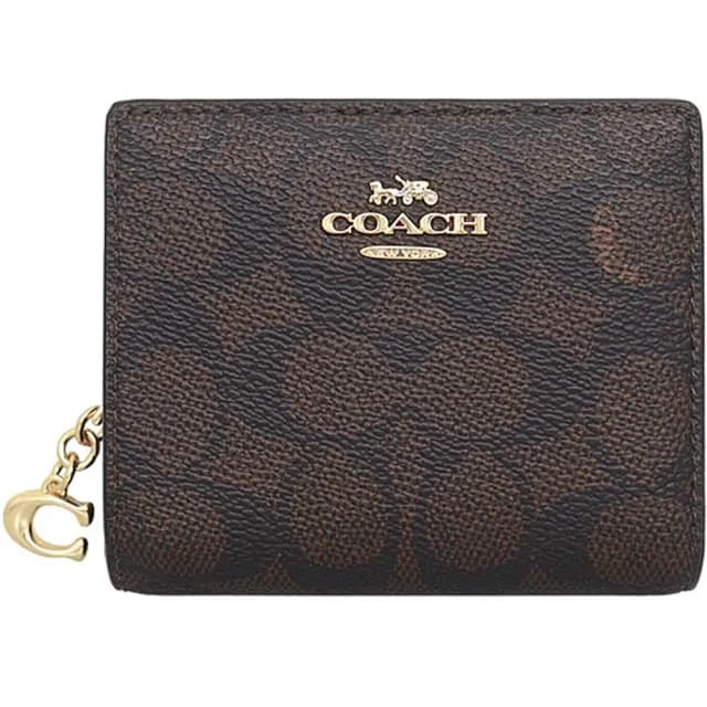 【COACH】Cx深咖啡PVC滿版LOGO對折式零錢包短夾