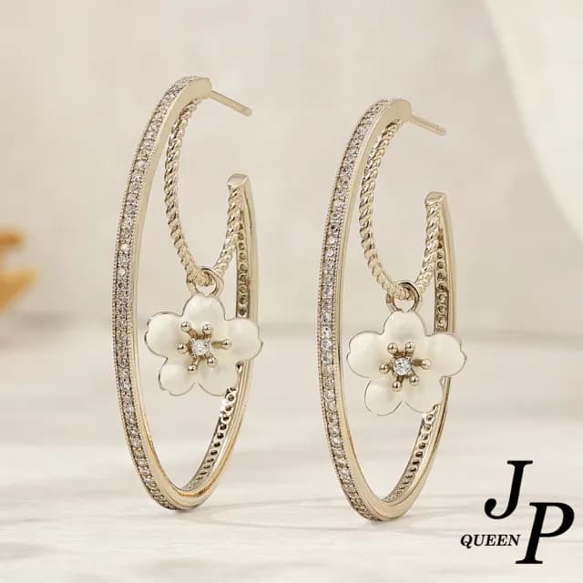 【Jpqueen】半夜之月白花漾流蘇雙圈圈大方耳環(咖啡金色)