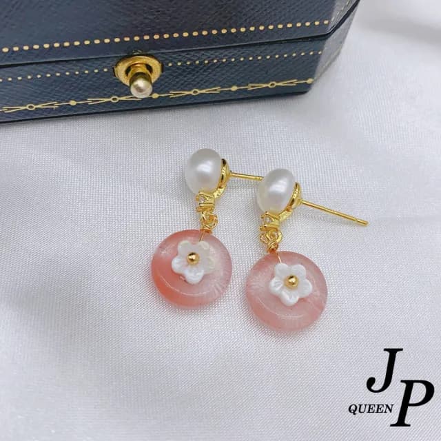 【Jpqueen】彩霧天然石復古白花珍珠垂墜耳環(6色可選)