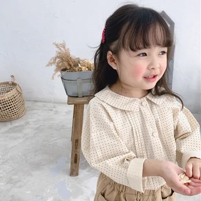 【橘魔法】小清新點點寬鬆長袖襯衫(長袖上衣 薄長袖 防曬 防蚊 襯衫 女童 兒童 童裝)