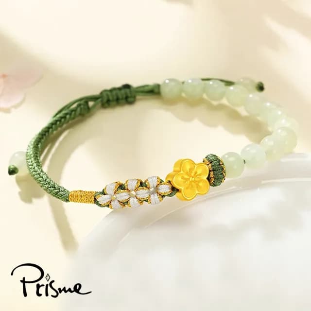 【Prisme】黃金手鍊 桃花 綠串珠編織手鍊(金重：約0.08錢±0.03)