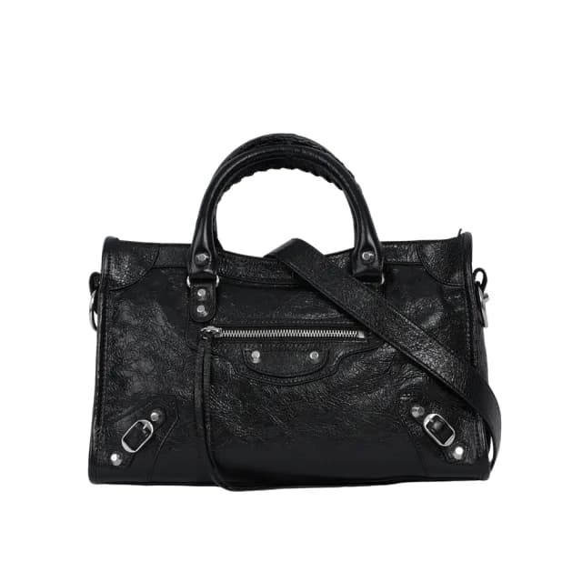 【Balenciaga 巴黎世家】Le City 銀釦小羊皮小款機車包/二用包(黑色)