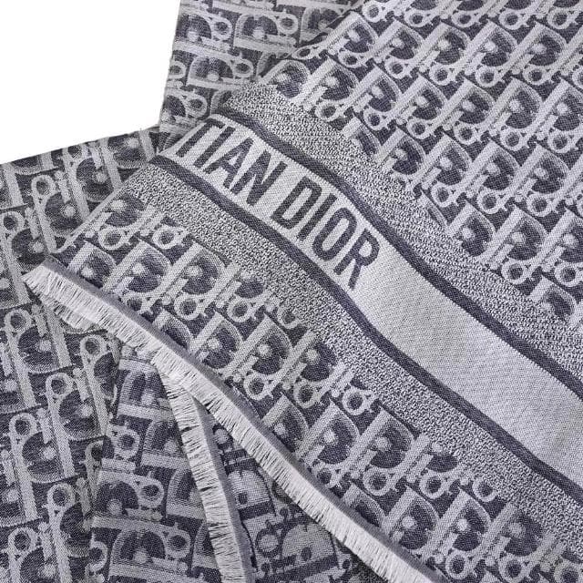【Dior 迪奧】Oblique 經典品牌LOGO緹花羊毛絲綢混紡披肩長圍巾(深藍)