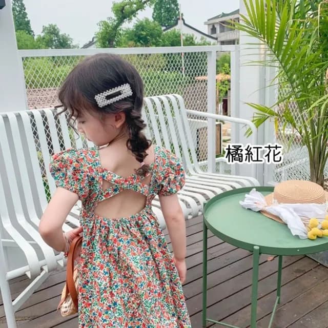 【橘魔法】女孩露背碎花公主袖小洋裝(連衣裙 連身裙 短袖洋裝 女童 童裝 兒童)