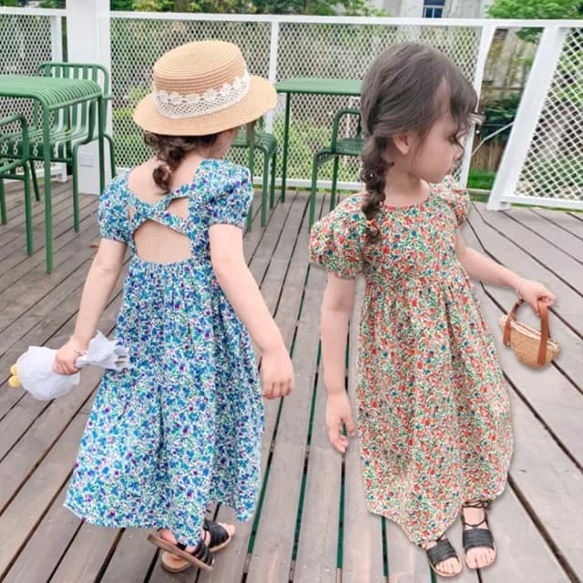 【橘魔法】女孩露背碎花公主袖小洋裝(連衣裙 連身裙 短袖洋裝 女童 童裝 兒童)