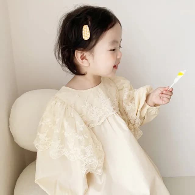 【橘魔法】刺繡蕾絲小飛袖高腰洋裝(娃娃衣 短袖洋裝 連身洋裝 連衣裙 連身裙 兒童 童裝 女童)