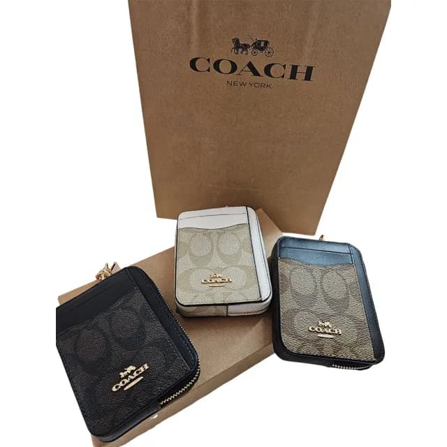 【COACH】馬車logo緹花手掛式票卡 零錢包 禮盒禮袋組 多色可選(贈原廠紙袋紙盒/七夕情人節)