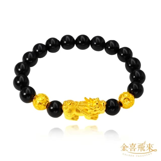 【金喜飛來】黃金手鍊貔貅雙金錢珠8mm黑瑪瑙(0.39錢±0.03)