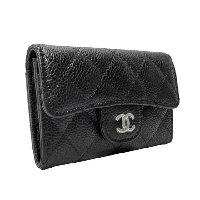 【CHANEL 香奈兒】AP0214 經典雙C銀LOGO 菱格紋牛皮扣式零錢包/卡片夾(黑色)