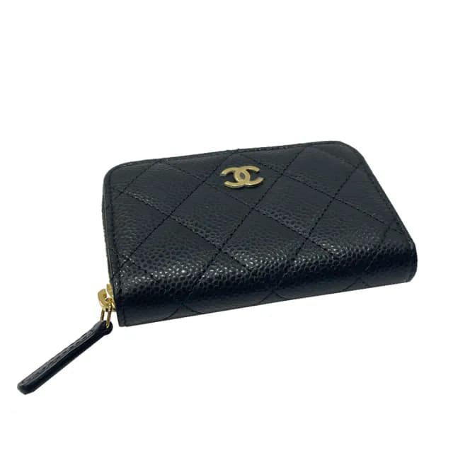 【CHANEL 香奈兒】AP0216 經典雙C金LOGO菱格紋牛皮拉鍊零錢包(黑色)