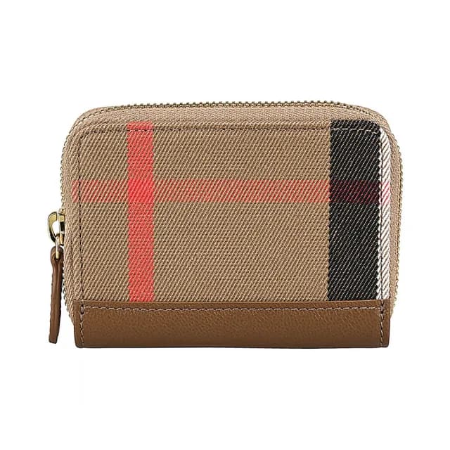 【BURBERRY 巴寶莉】BURBERRY內燙金字LOGO格紋帆布拼牛皮4卡ㄇ形拉鍊卡夾零錢包(土棕)