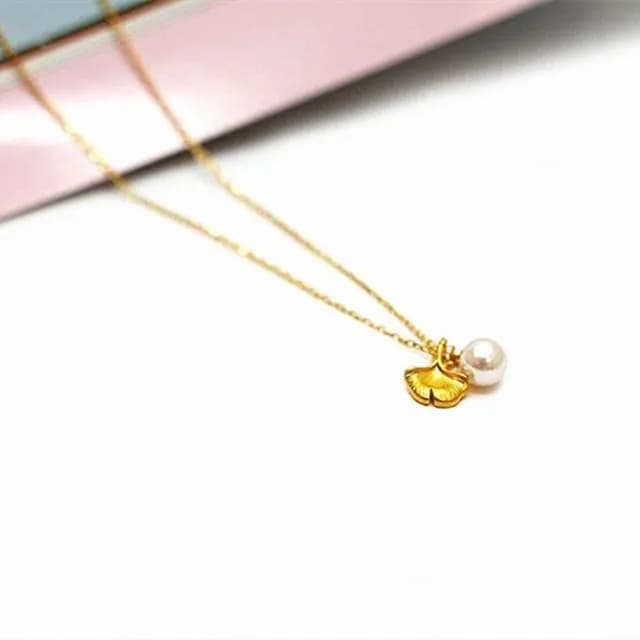 【Penny珮妮】999黃金迷你銀杏葉珍珠項鍊吊墜(母親節 送女友 交換禮物 生日禮 情人節 尾牙 新年 結婚)