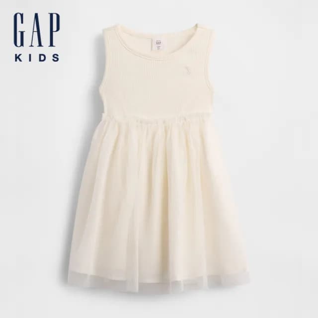 【GAP】女幼童裝 純棉小熊刺繡圓領無袖紗裙洋裝-象牙白(776628)