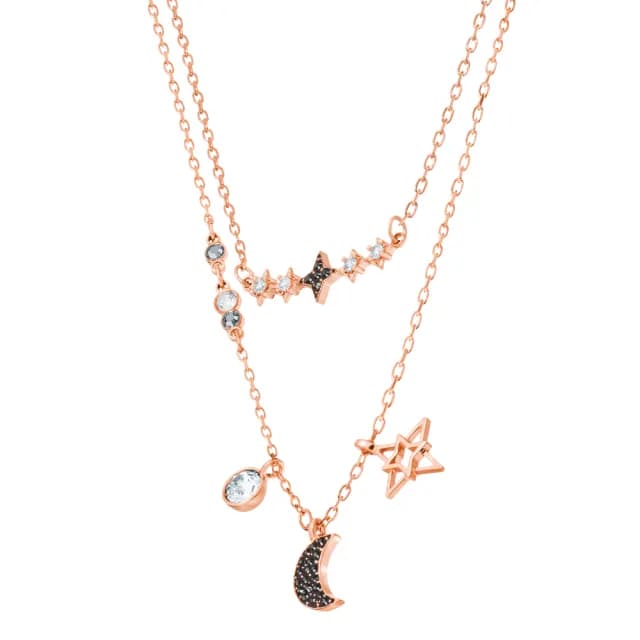 【SWAROVSKI 施華洛世奇】Symbolica 項鏈 月亮和星星 黑色 鍍玫瑰金色(雙鏈組)