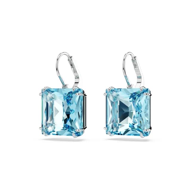 【SWAROVSKI 施華洛世奇】Millenia 水滴形耳環 方形切割 藍色 鍍白金色