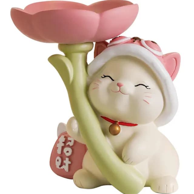 【LEZUN 樂尊】奶油風招財貓桌上可置物擺件 入戶玄關擺件(家居裝飾/喬遷禮品/鑰匙收納/桌面擺飾)