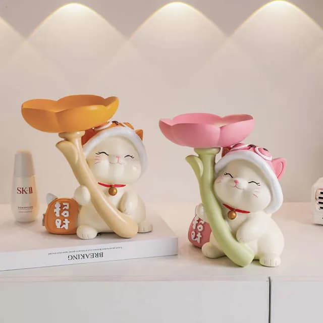 【LEZUN 樂尊】奶油風招財貓桌上可置物擺件 入戶玄關擺件(家居裝飾/喬遷禮品/鑰匙收納/桌面擺飾)