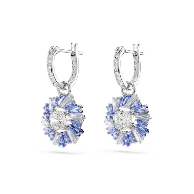 【SWAROVSKI 施華洛世奇】Idyllia 水滴形耳環 混合式切割 花朵 藍色 鍍白金色